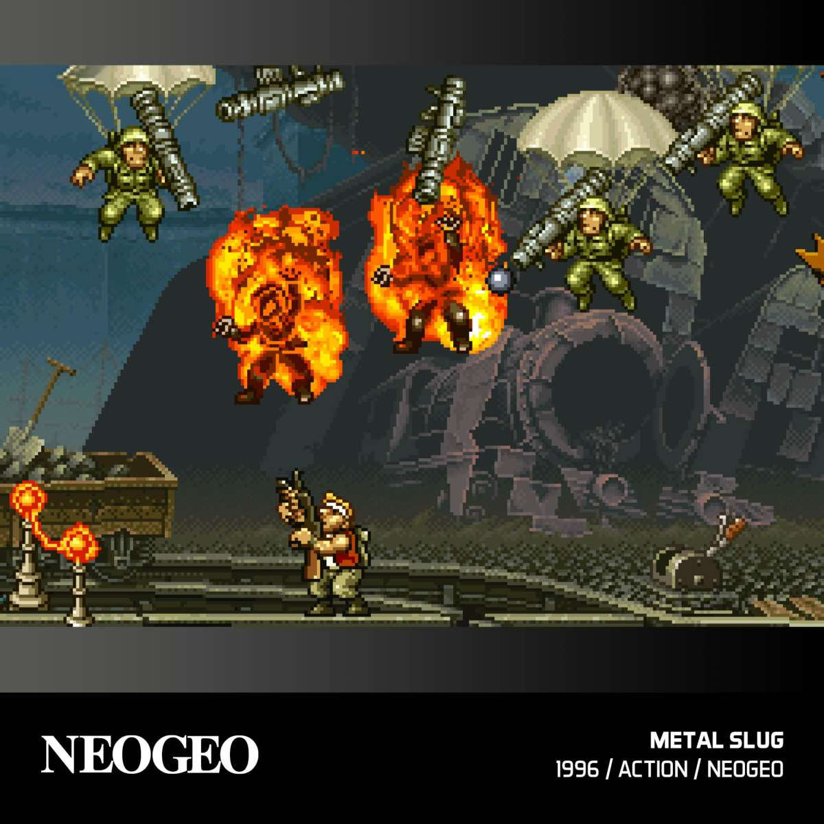 Scena z gry Metal Slug. Żołnierze ze spadochronami, eksplozje i żołnierz z bronią na pierwszym planie. Pociąg w tle.