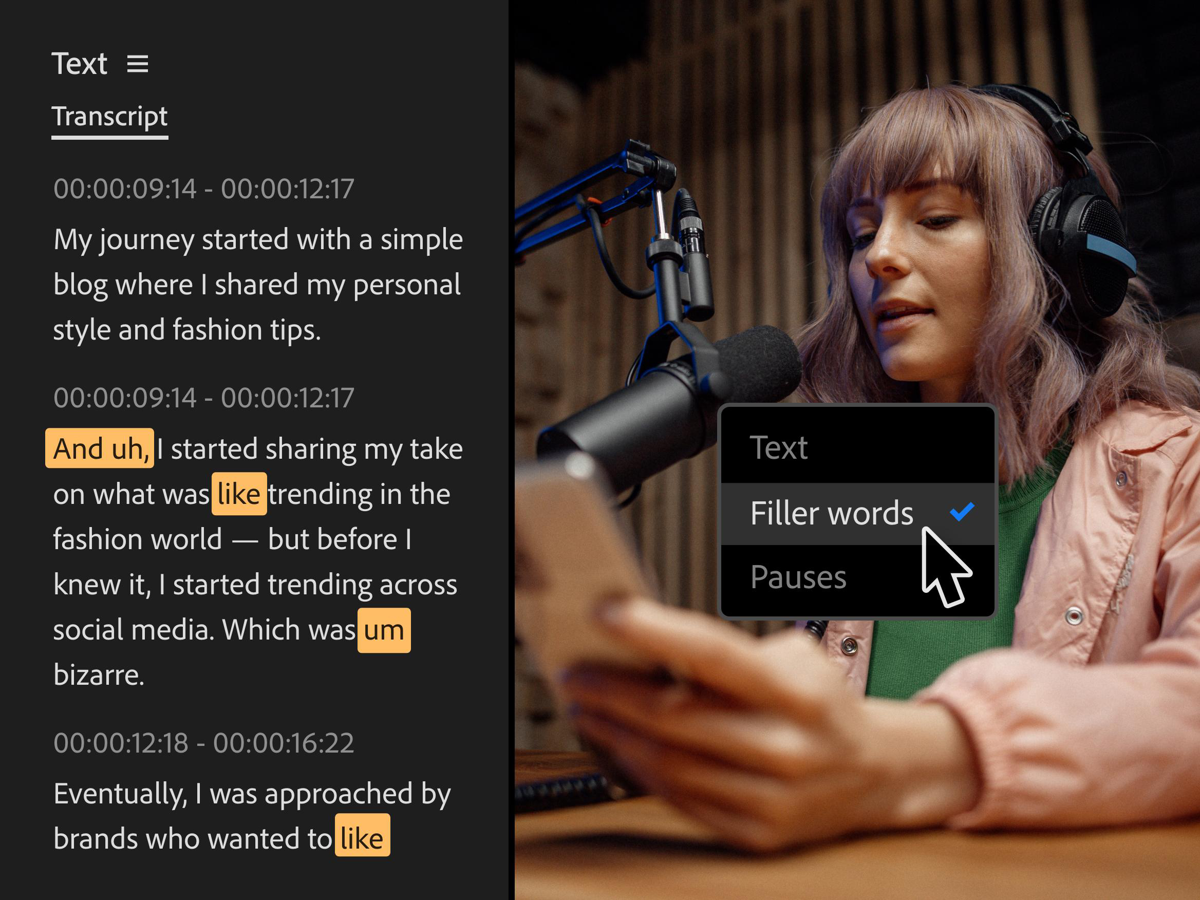 Videoschnittoberfläche mit einer sprechenden Frau, Texttranskription und hervorgehobenen Füllwörtern.