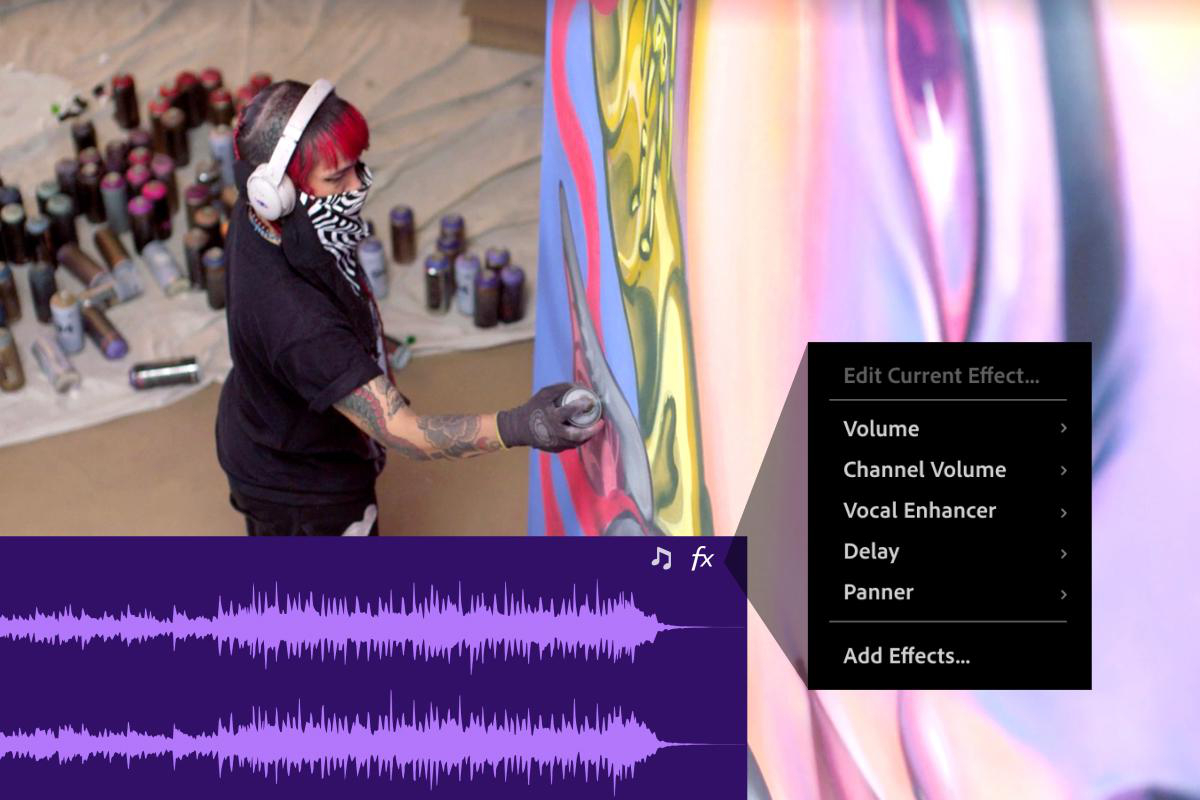 Künstler malt an einer Wand mit Audio-Wellenform und Video-Bearbeitungsmenü. Option Effekte hinzufügen.