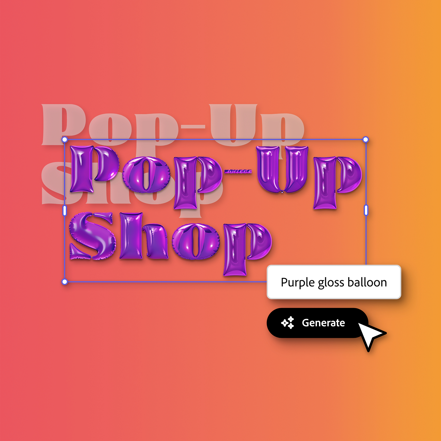 Pop-Up Shop Text in lila Ballon-Stil, mit einer Generierungsaufforderung.