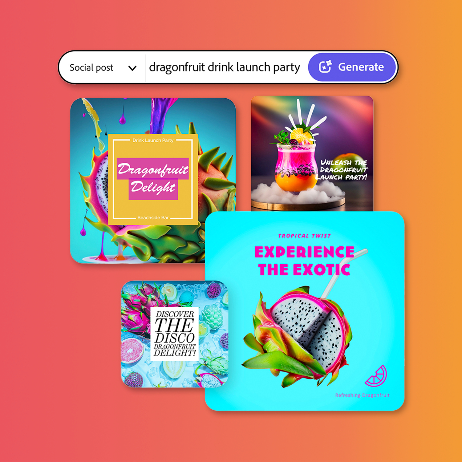 Vier Bilder zeigen eine Drachenfrucht-Drink-Launch-Party. Getränke, Früchte und Text-Overlays sind auf farbenfrohen Hintergründen zu sehen.
