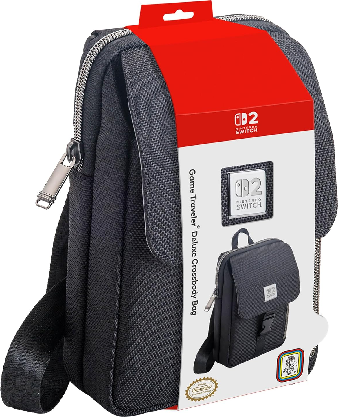 Borsa nera per Nintendo Switch con etichetta rossa. La borsa è su una scatola bianca con l'immagine della borsa.