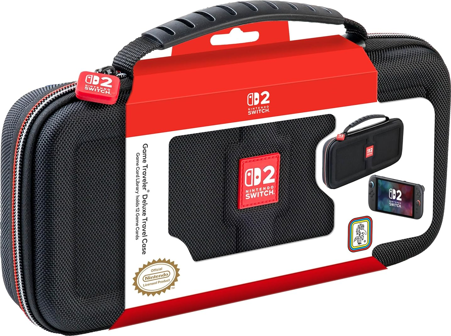 Custodia Nintendo Switch con confezione rossa. Custodia nera con manico, zip rossa e logo.