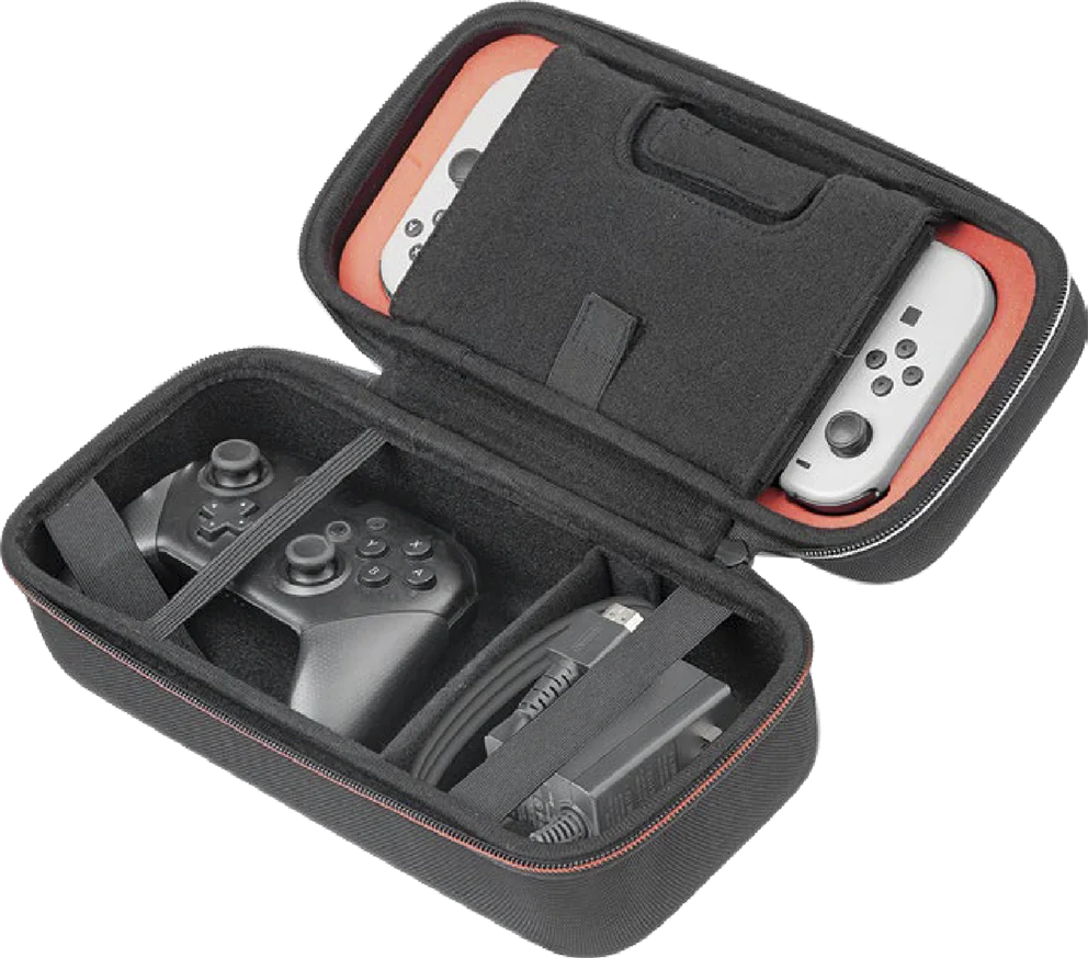 Custodia Nintendo Switch nera aperta. All'interno, un controller, una console e un caricatore.