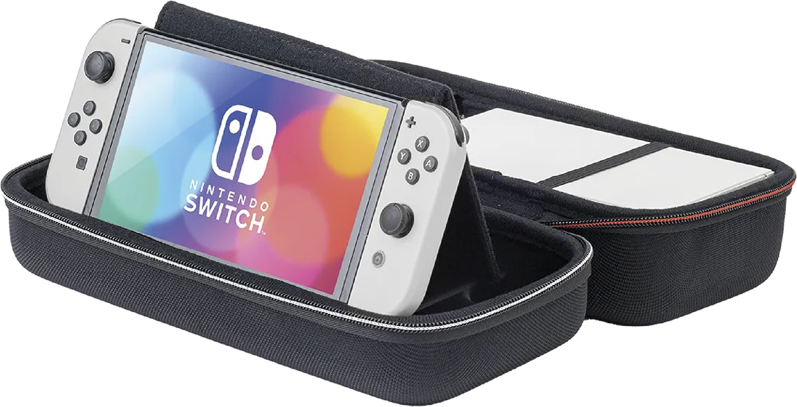 Custodia Nintendo Switch nera aperta. Console Switch con controller bianchi all'interno. Arancione.