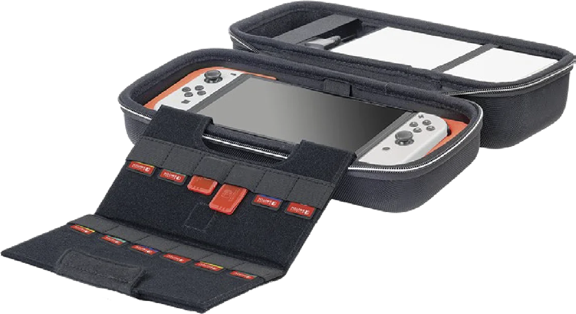 Custodia Nintendo Switch nera aperta. Console Switch e schede di gioco visibili. Arancione.