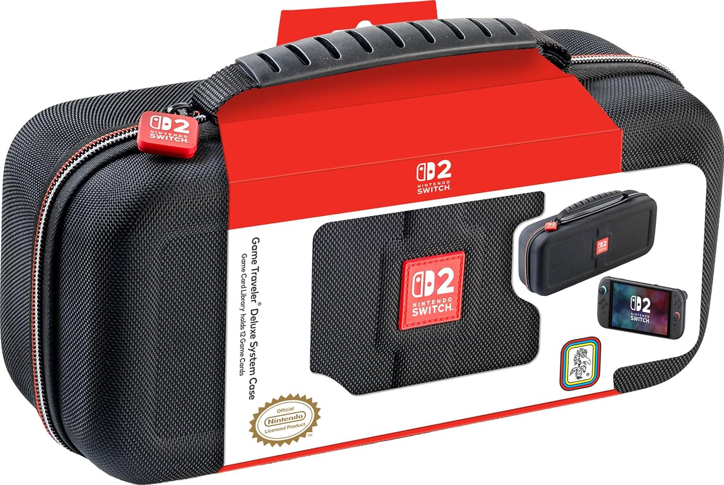 Custodia Nintendo Switch con confezione rossa. Custodia nera con manico, zip rossa e logo.