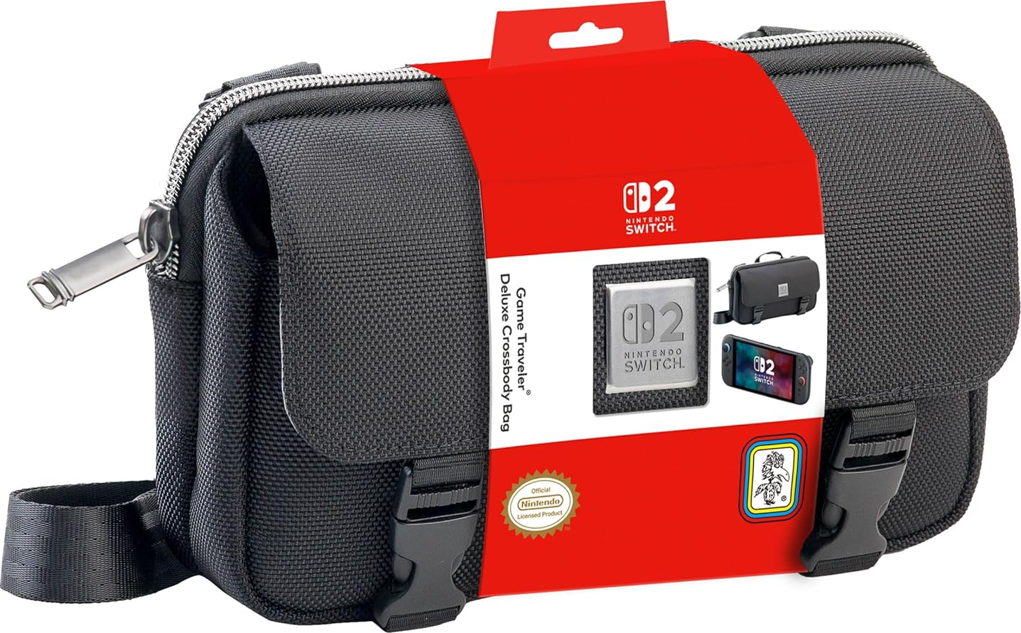 Borsa a tracolla nera per Nintendo Switch con confezione rossa. Include una borsa e un'immagine Switch.