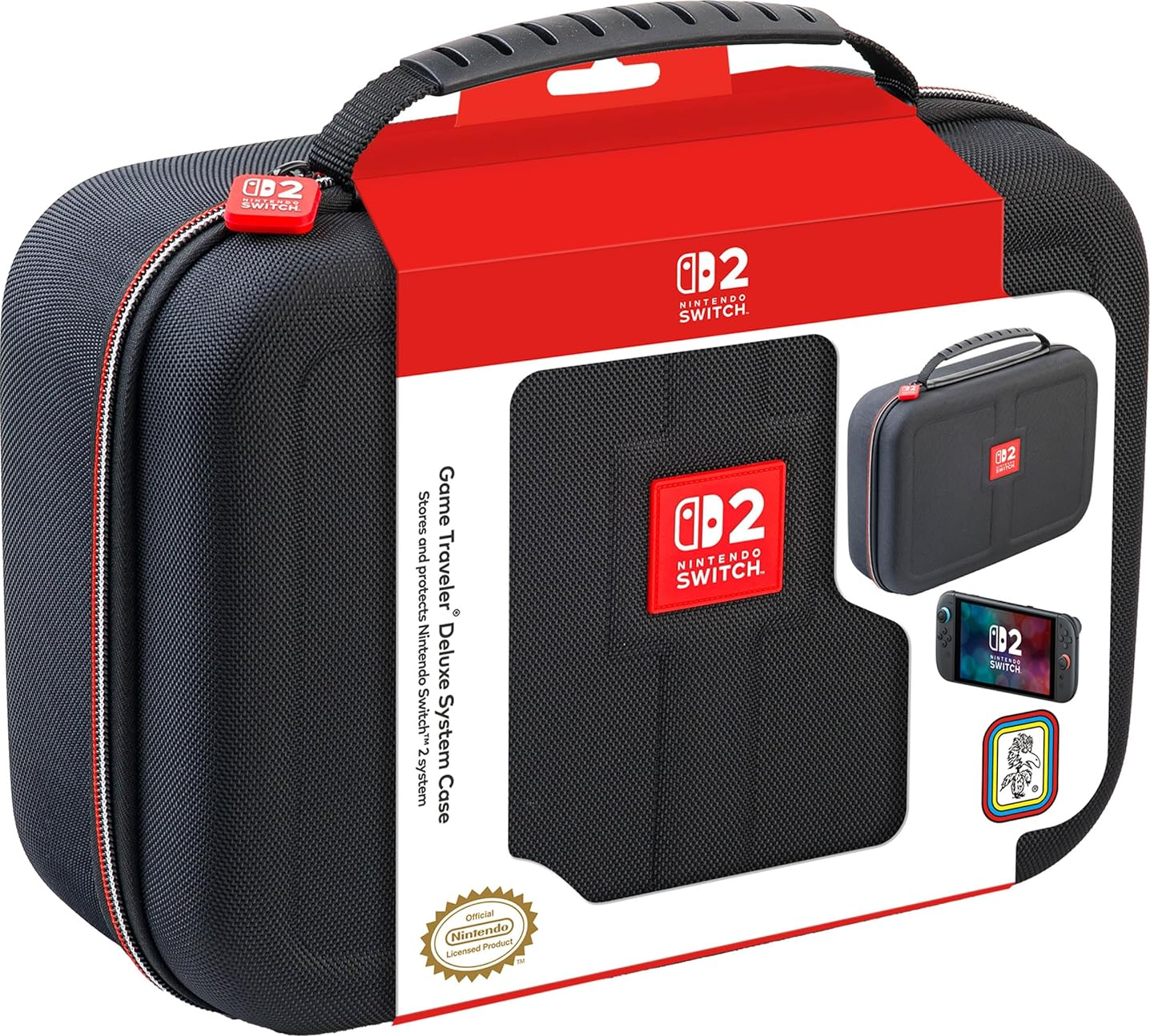 Custodia Nintendo Switch con confezione rossa. Custodia nera con manico, zip rossa e logo.