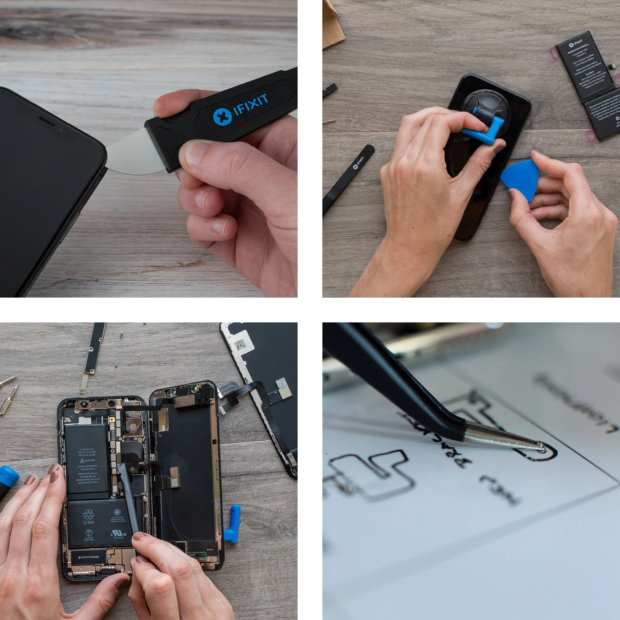 Images rapprochées de réparation de téléphone avec des outils. Inclut un outil de levier, des pinces et des schémas.