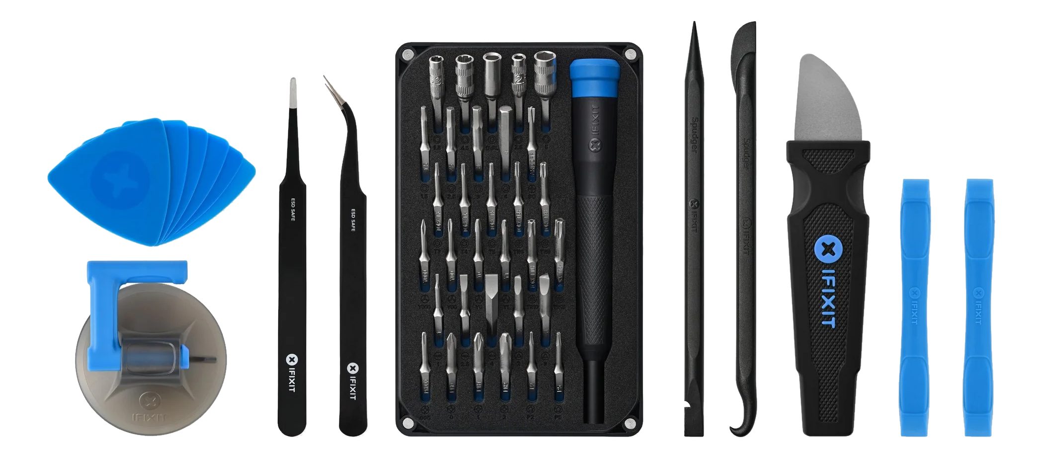 Une trousse à outils avec divers outils est affichée sur fond noir. Les outils comprennent des tournevis et autres articles de réparation.