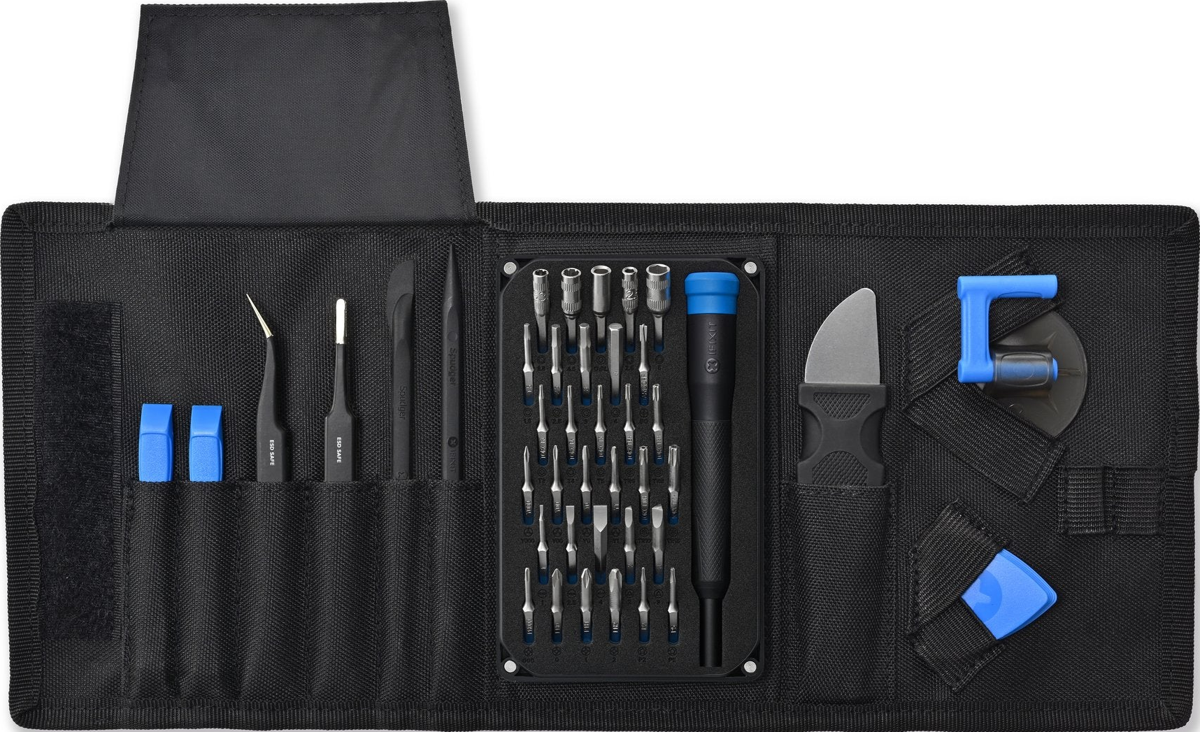 Une trousse à outils ouverte avec divers outils, dont des tournevis, des pinces et une ventouse, est affichée.