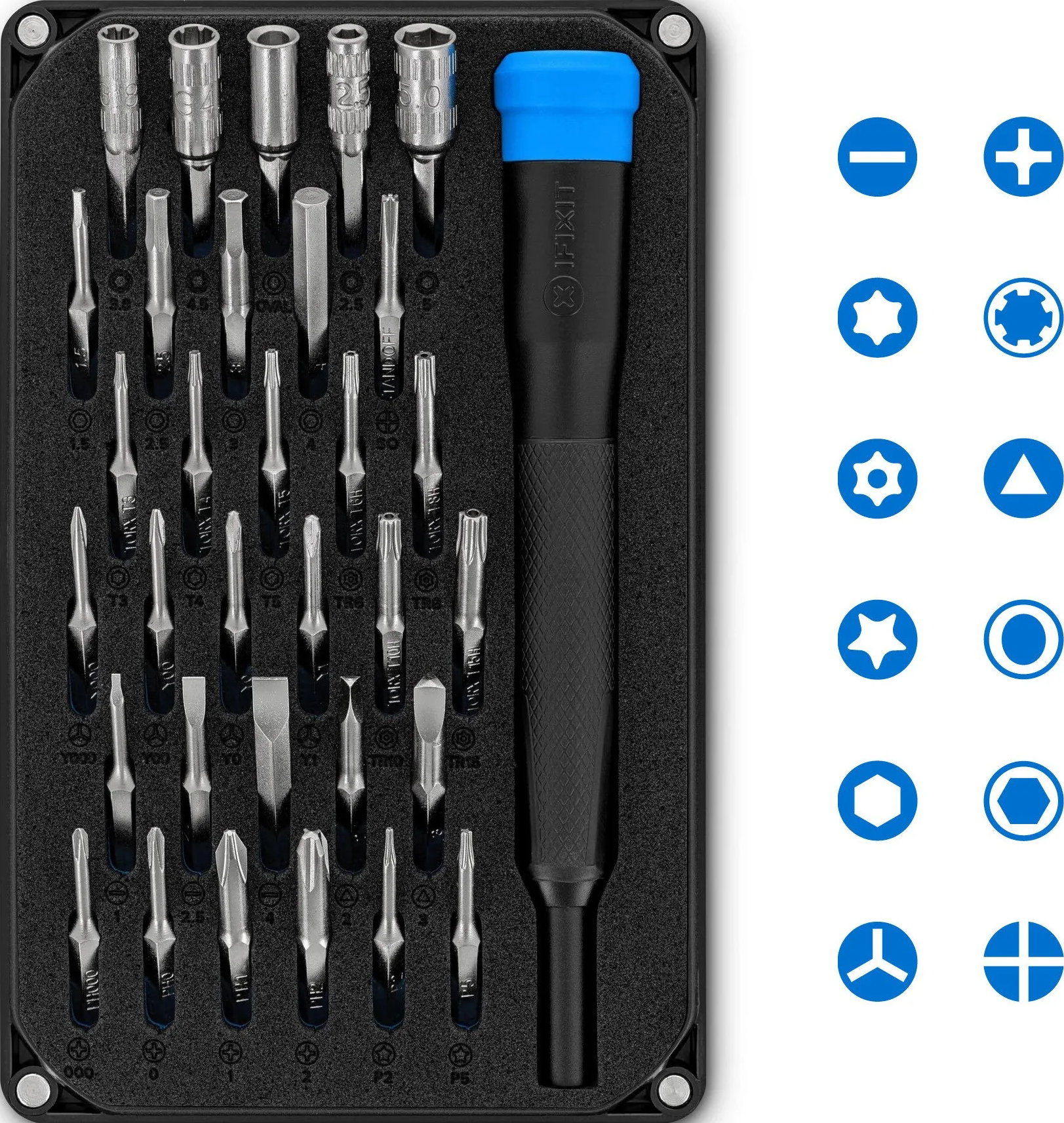 Une trousse à outils avec des tournevis et différentes têtes. Diverses icônes sont affichées sur le côté droit de l'image.