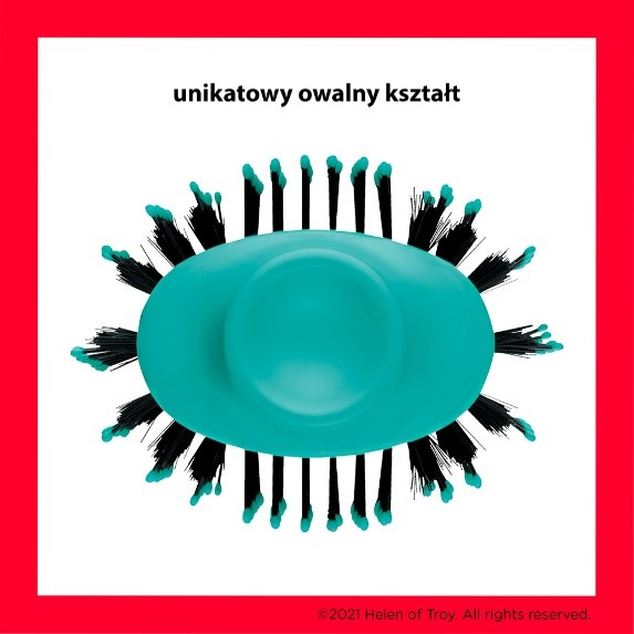 Owalna turkusowa szczotka do włosów z czarnym włosiem. Ma centralny przycisk na górze. Czerwona ramka otacza ją.