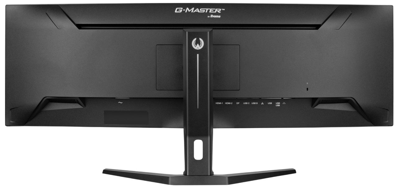 Schwarzer Computermonitorrücken mit Anschlüssen, Ständer und Logo. Enthält HDMI-, USB- und DP-Anschlüsse.