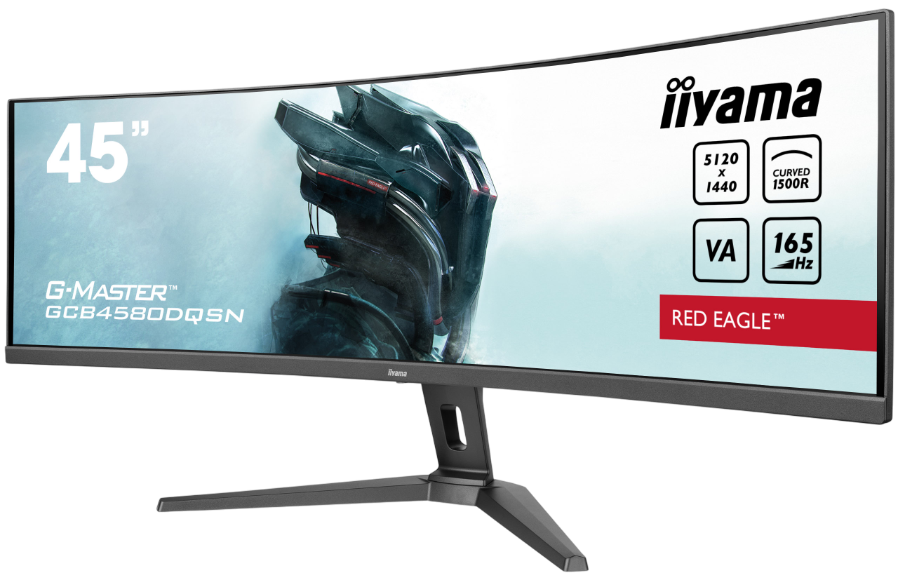 Gebogener 45"-Monitor mit iiyama-Branding, zeigt Spezifikationen: 5120x1440, 1500R, VA, 165Hz und G-MASTER GCB4580DQSN.