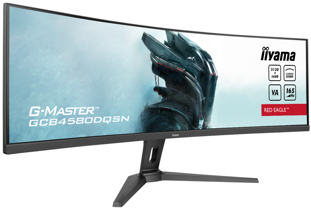 Gebogener Iiyama G-Master Gaming-Monitor. Er verfügt über ein großes Display mit futuristischem Design und Spezifikationen wie 5120x1440 Auflösung.
