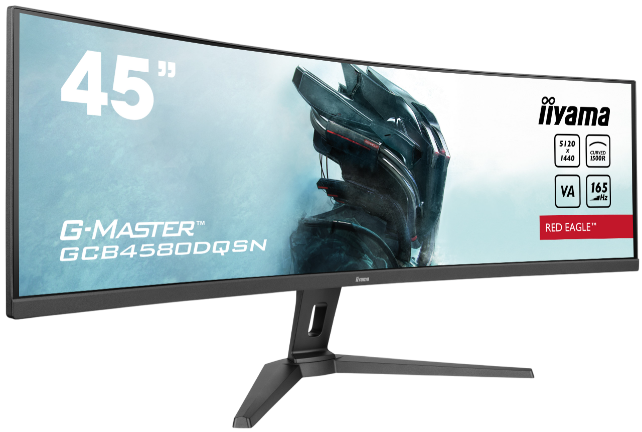 Gekrümmter 45" Iiyama G-Master Gaming-Monitor. Verfügt über ein futuristisches Bild auf dem Bildschirm, mit Spezifikationen und dem Branding 'Red Eagle'.