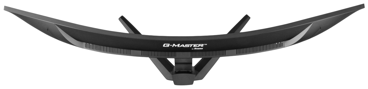 Gebogener schwarzer Computermonitor mit der Marke "G-MASTER". Der Bildschirm ist auf schwarzem Hintergrund.