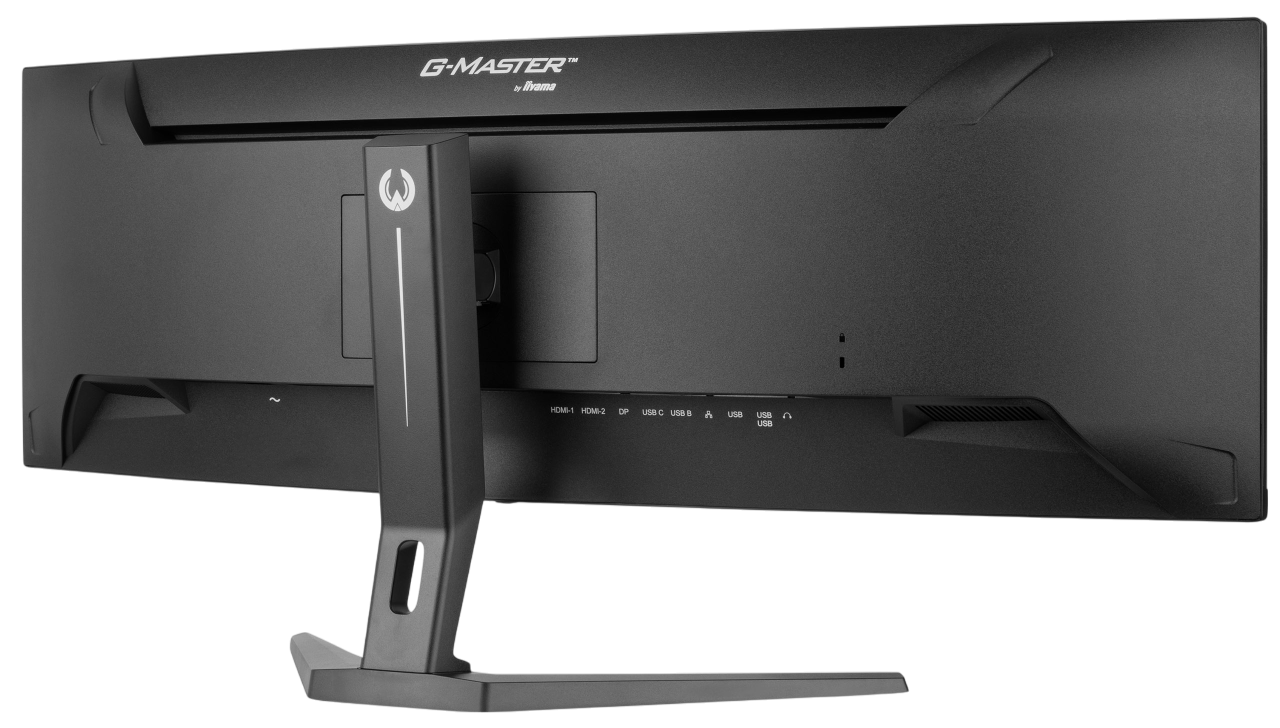 Rückansicht eines schwarzen und grauen Computermonitors mit Anschlüssen.
