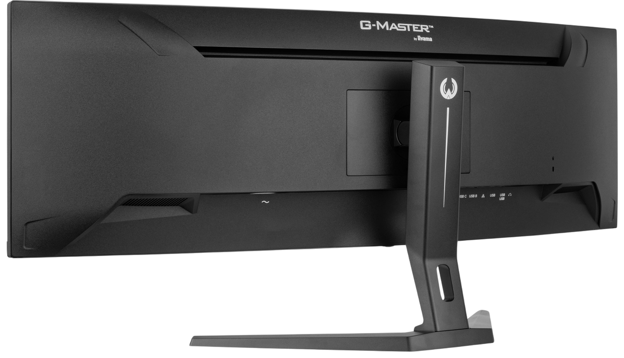 Rückansicht eines schwarzen und grauen Computermonitors mit Anschlüssen.