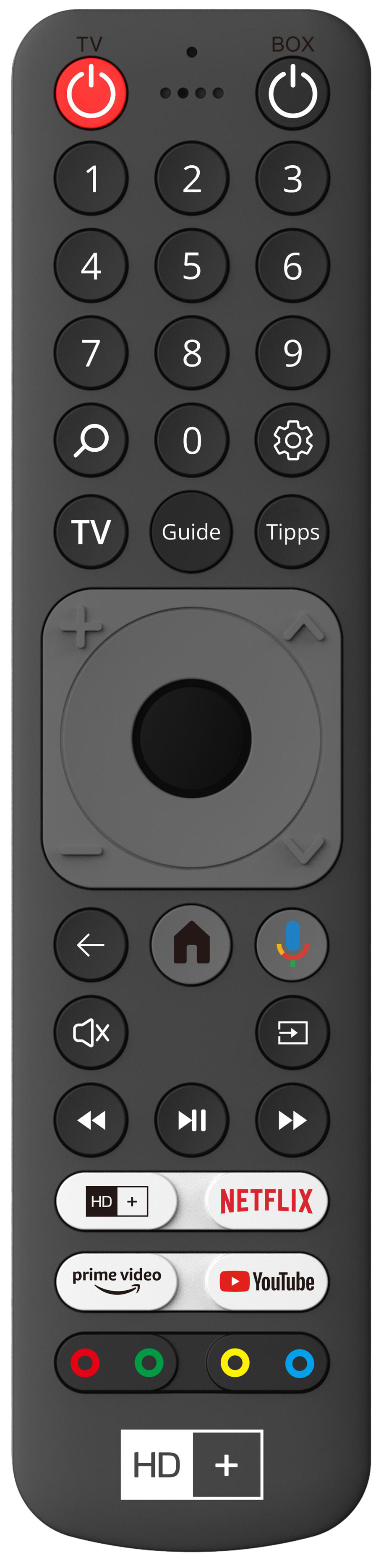 Eine schwarze Fernbedienung mit vielen Tasten vor weißem Hintergrund.