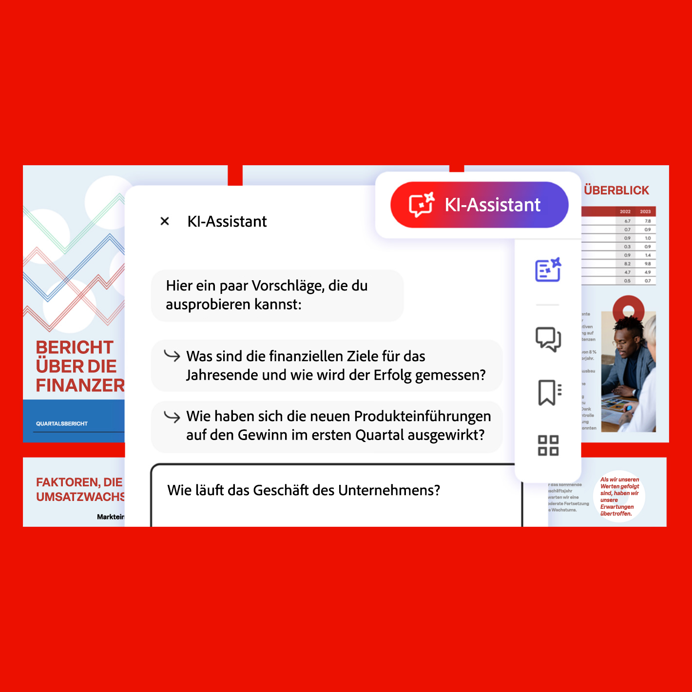 Ein Bildschirm zeigt einen Bericht mit einem Diagramm und einem Foto eines Mannes. Text: KI-Assistent, Bericht...