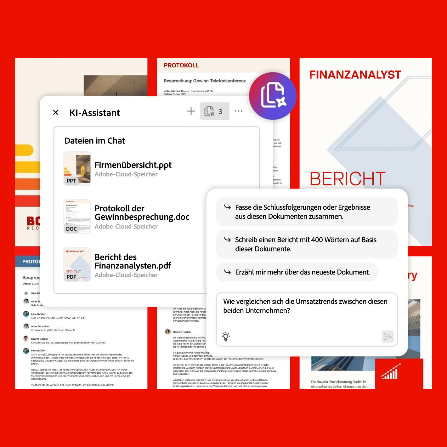 Ein Bildschirm mit Dokumentenoptionen. Text: Protokoll der Gewinnbesprechung, Bericht des Finanzanalysten.
