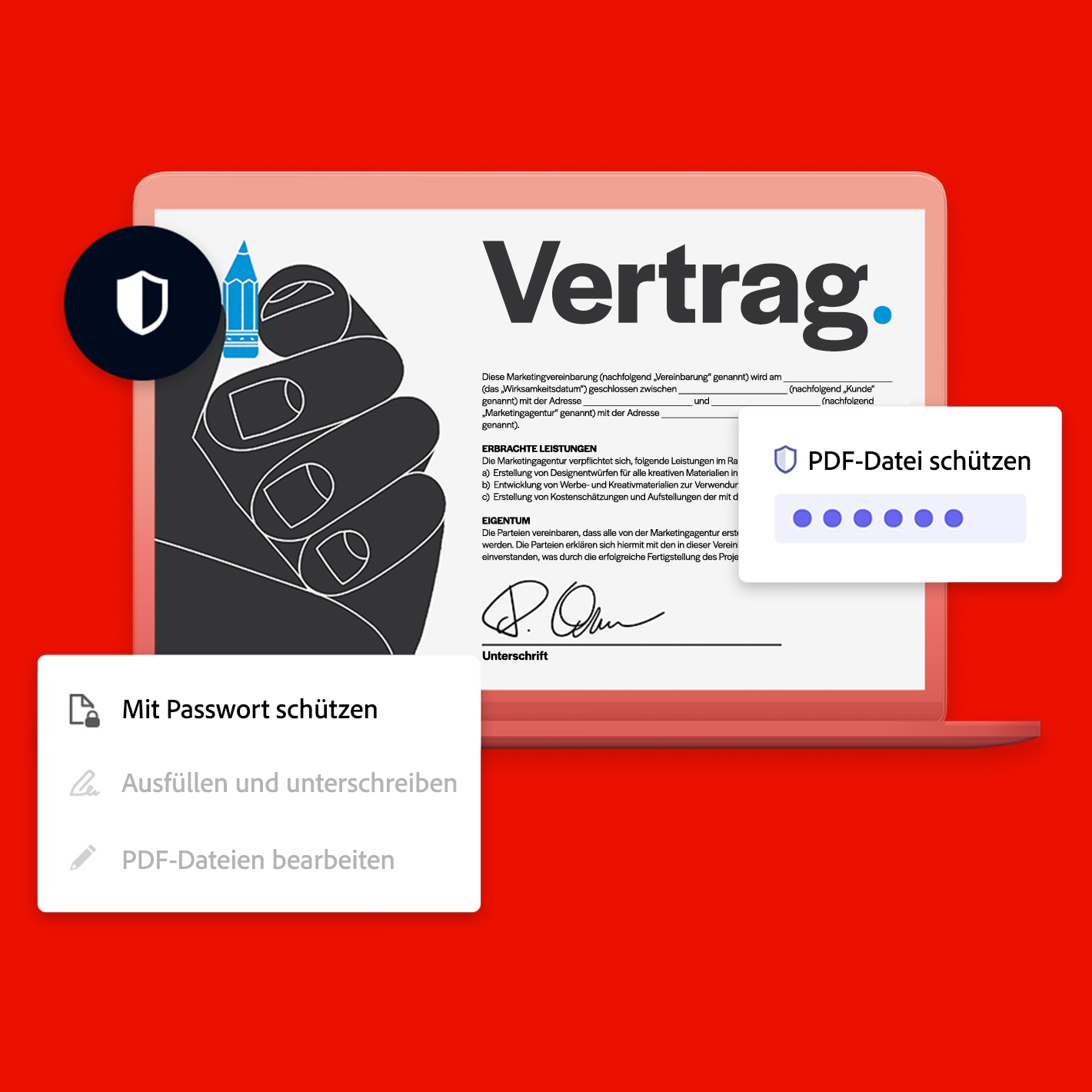 Ein Laptop zeigt einen Vertrag. Text: Vertrag, Mit Passwort schützen, PDF-Dateien bearbeiten.