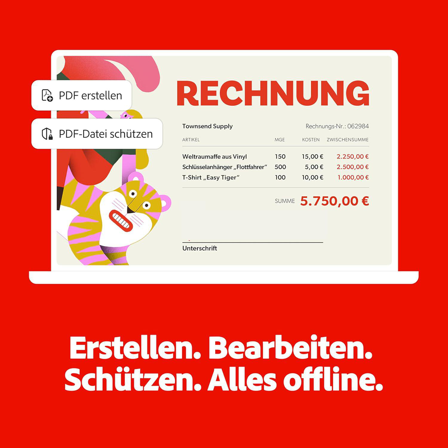 Laptop-Bildschirm zeigt eine Rechnung mit Text und einer Tiger-Illustration.