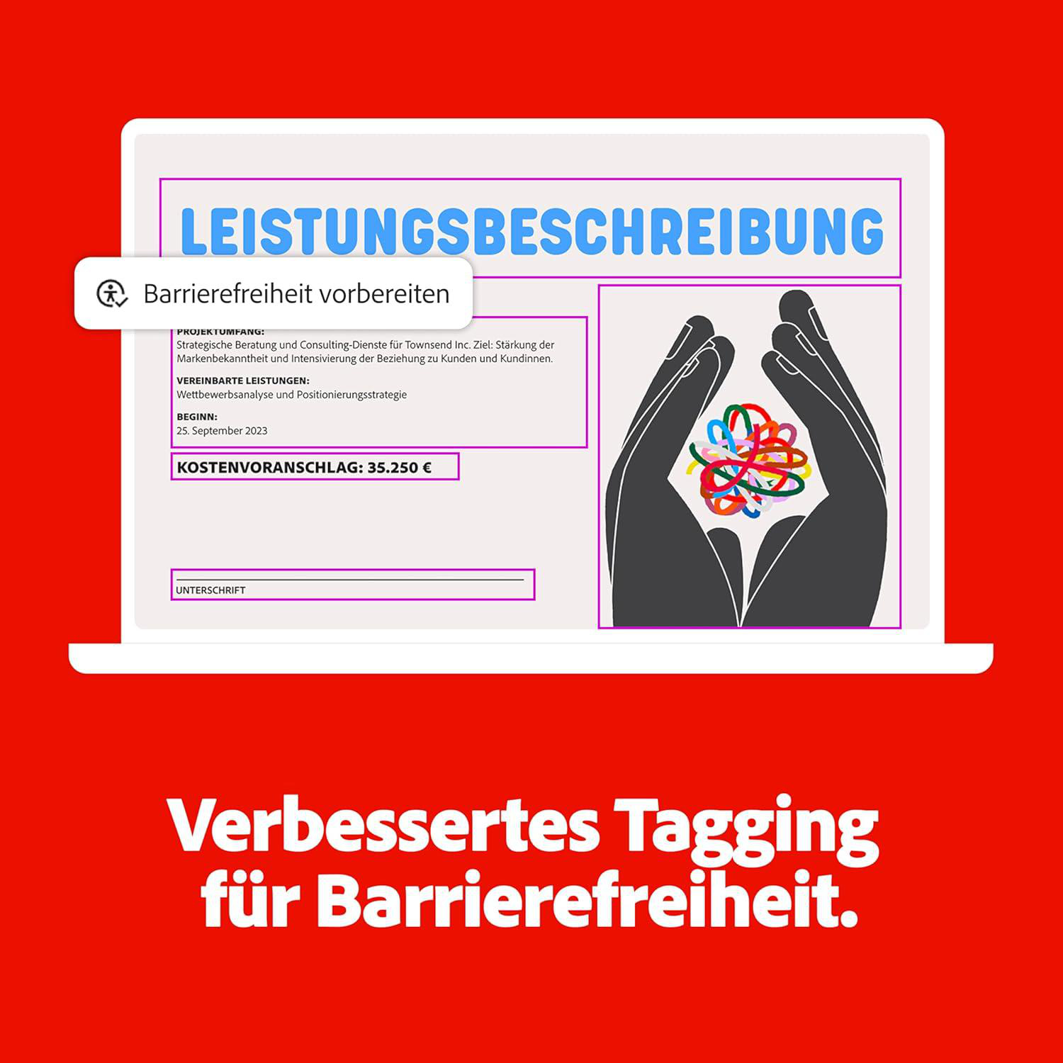 Laptop-Bildschirm zeigt eine Leistungsbeschreibung mit Händen, die bunte Fäden halten.