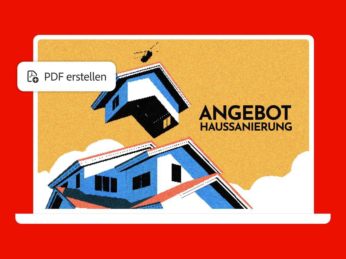 Laptop-Bildschirm zeigt ein Hausrenovierungsangebot mit einer Hausillustration.
