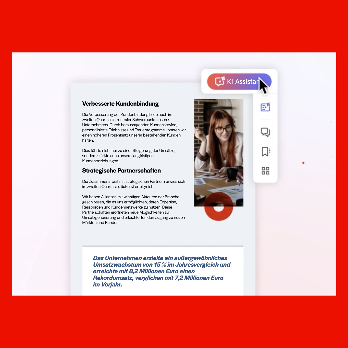 Laptop-Bildschirm mit Text über Kundenbindung und einer Frau mit Brille.