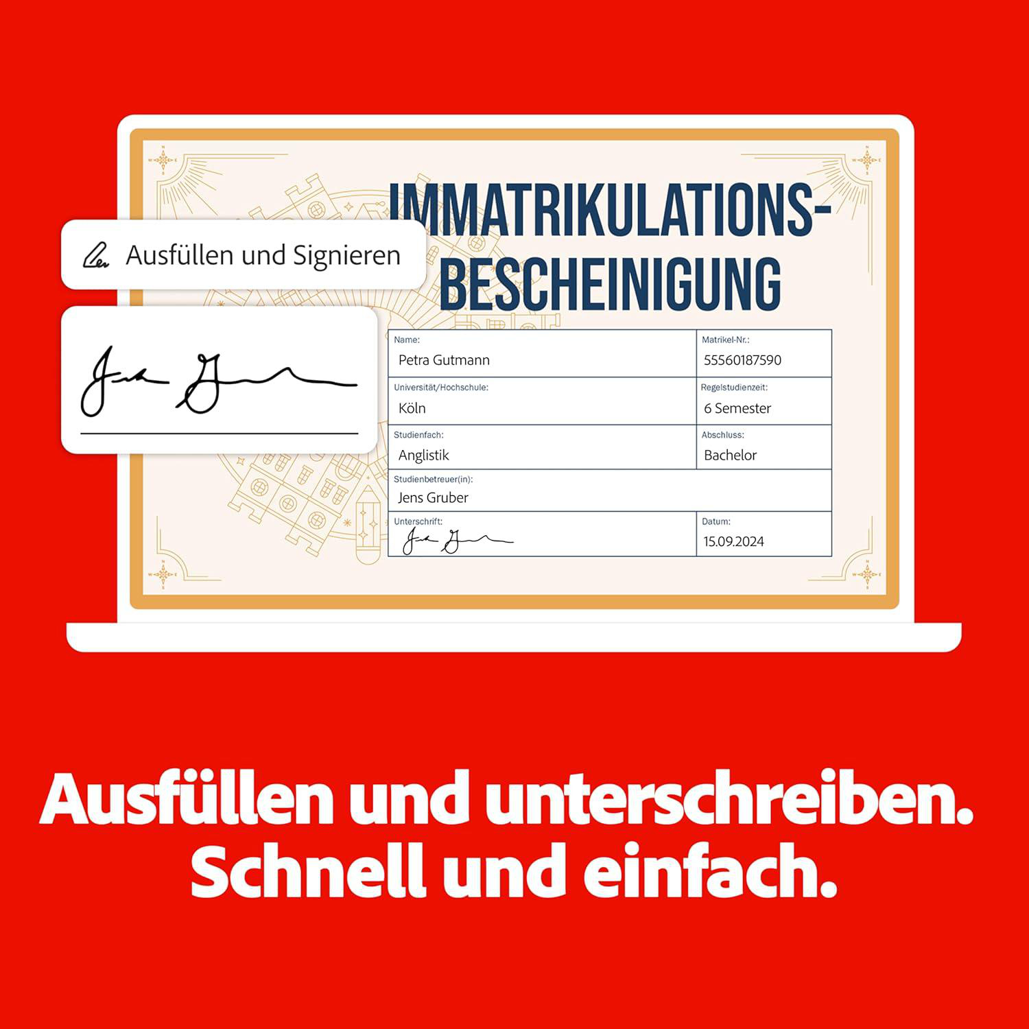Laptop-Bildschirm zeigt Universitätszertifikat mit rotem Hintergrund.