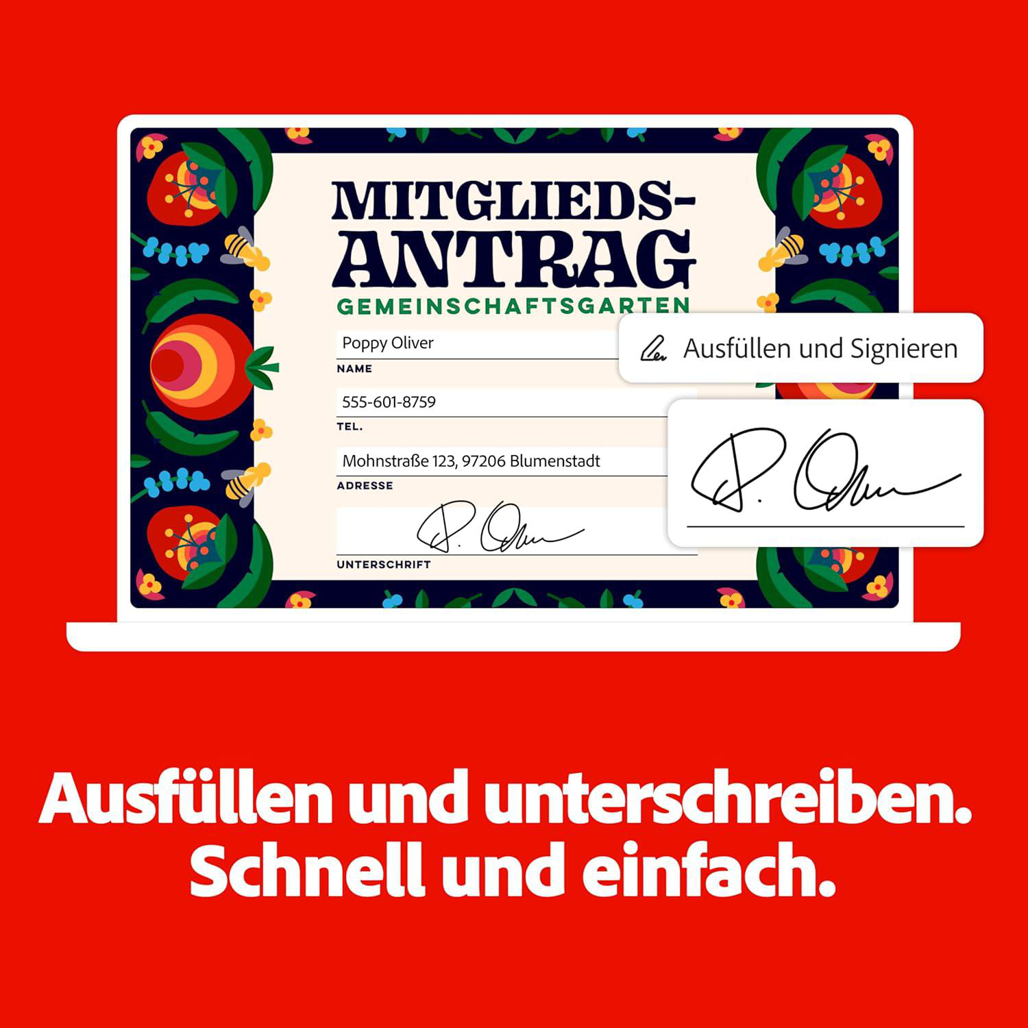 Laptop zeigt Mitgliedsantrag mit rotem Hintergrund.