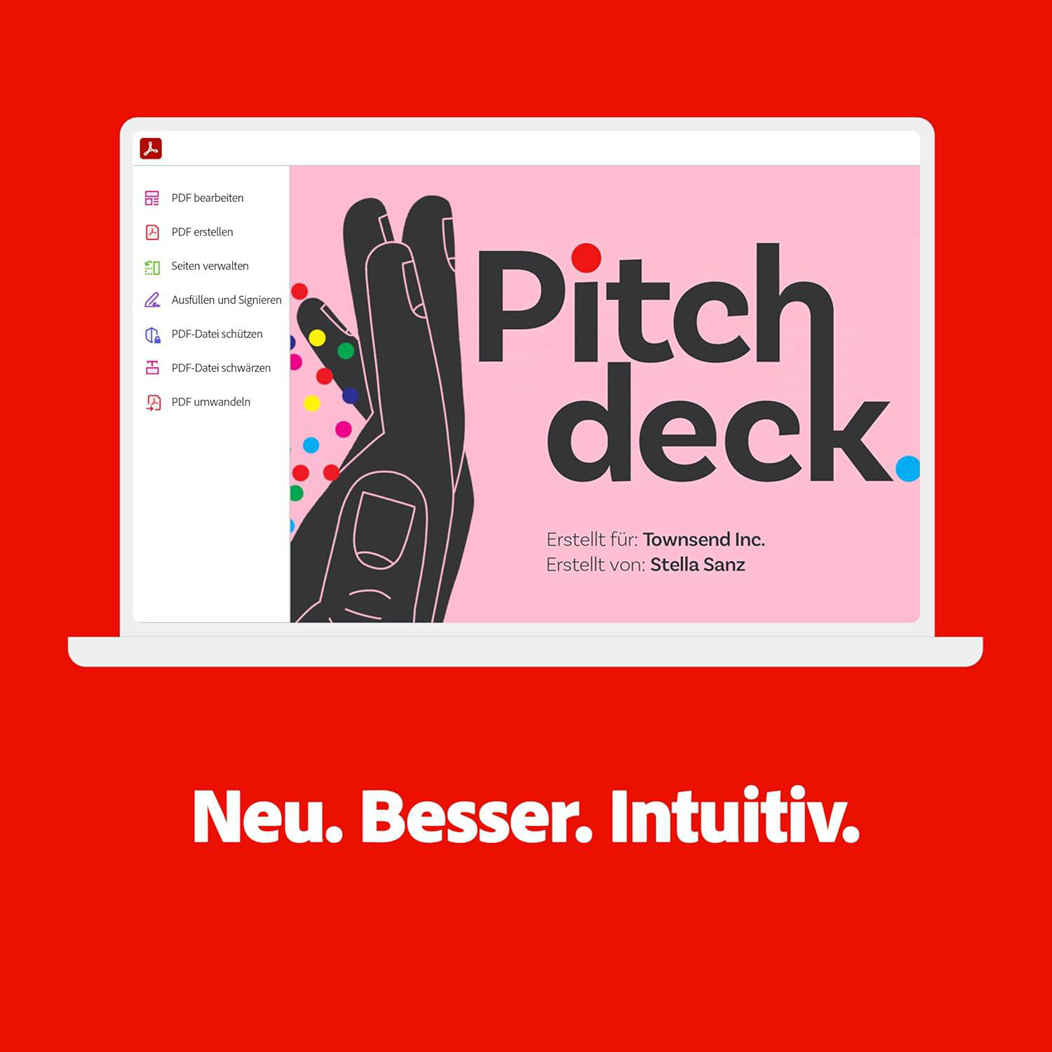 Laptop-Bildschirm zeigt Pitch Deck mit rotem Hintergrund.