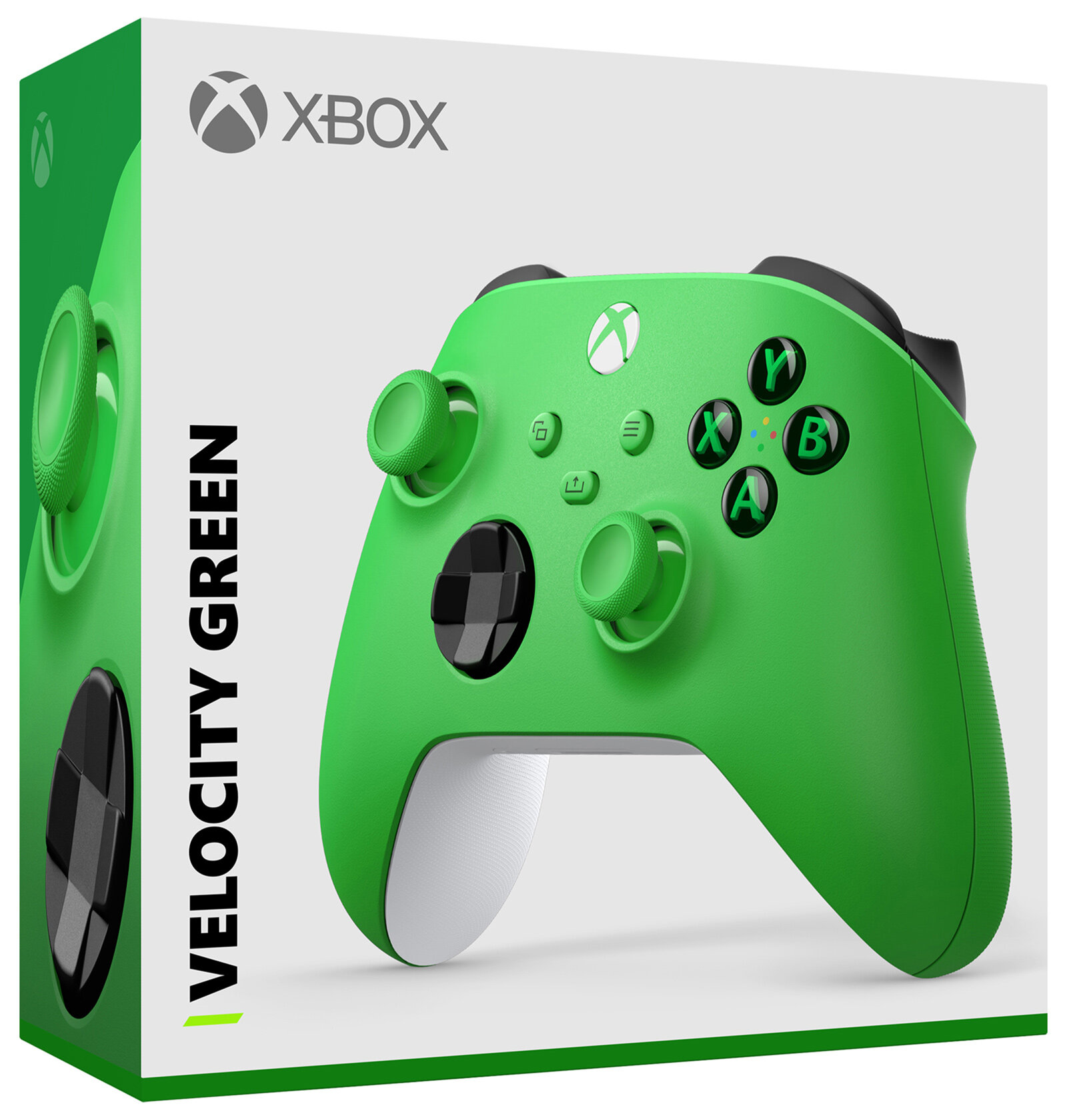 Kontroler i pudełko Xbox Velocity Green. Kontroler jest zielony, z czarnymi przyciskami. Pudełko ma logo Xbox.