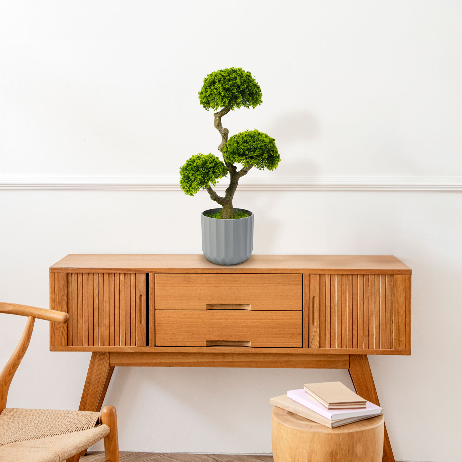 Bonsai fa szürke cserépben, fa szekrényen. Szék és könyvek is láthatók.