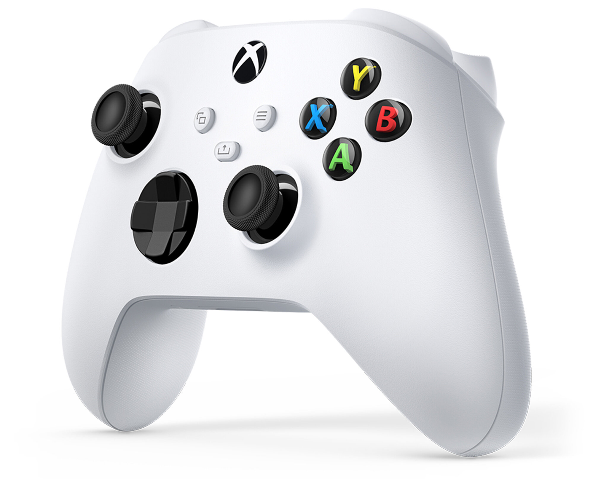 Biały kontroler Xbox. Posiada czarne joysticki, kolorowe przyciski (Y,X,B,A), d-pad i logo Xbox.