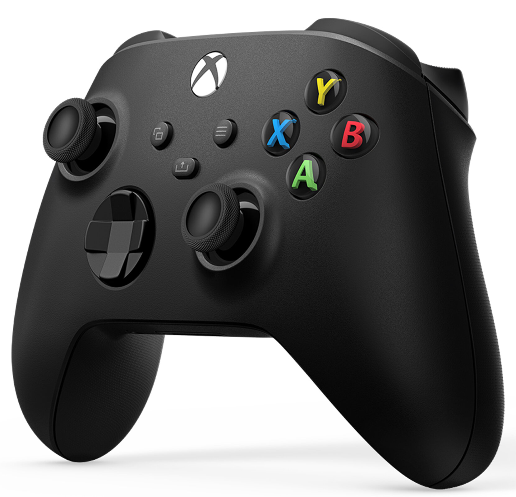 Czarny kontroler Xbox. Kolorowe przyciski: Y, B, X, A. Dwa joysticki, d-pad i przyciski menu.