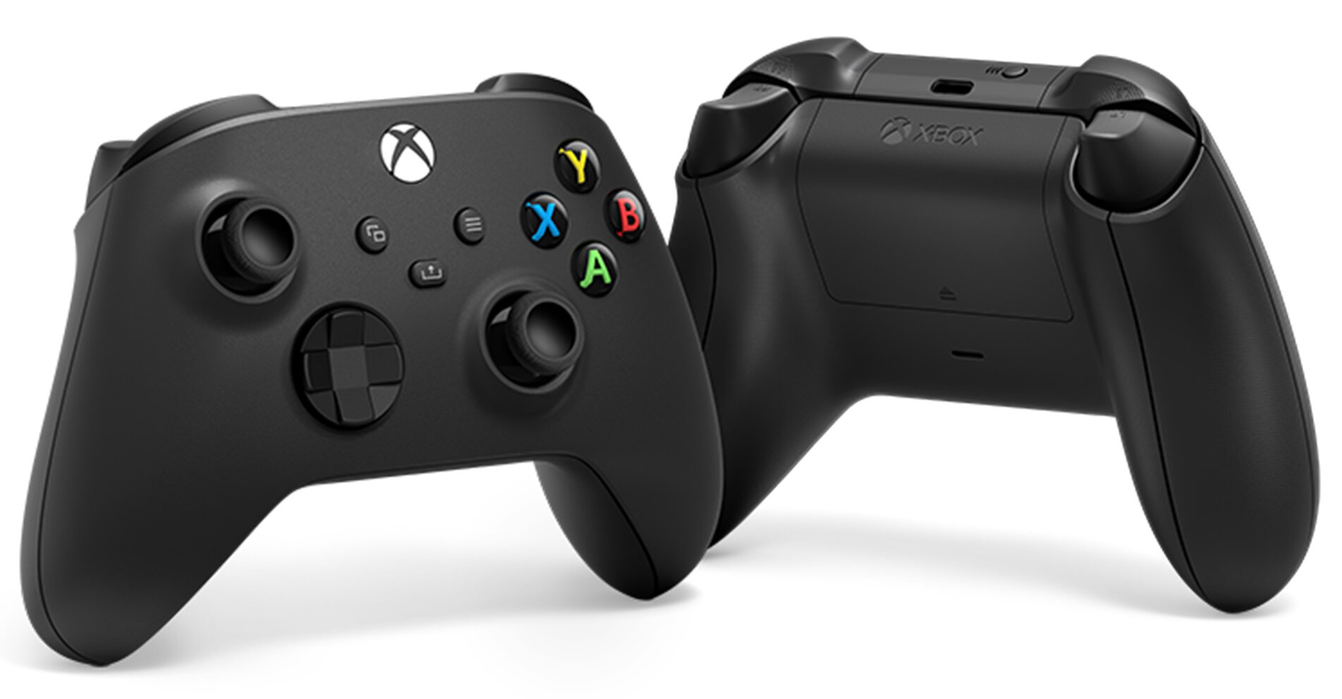 Dwa czarne kontrolery Xbox. Jeden pokazuje przyciski, drugi tył. Oba na białym tle.