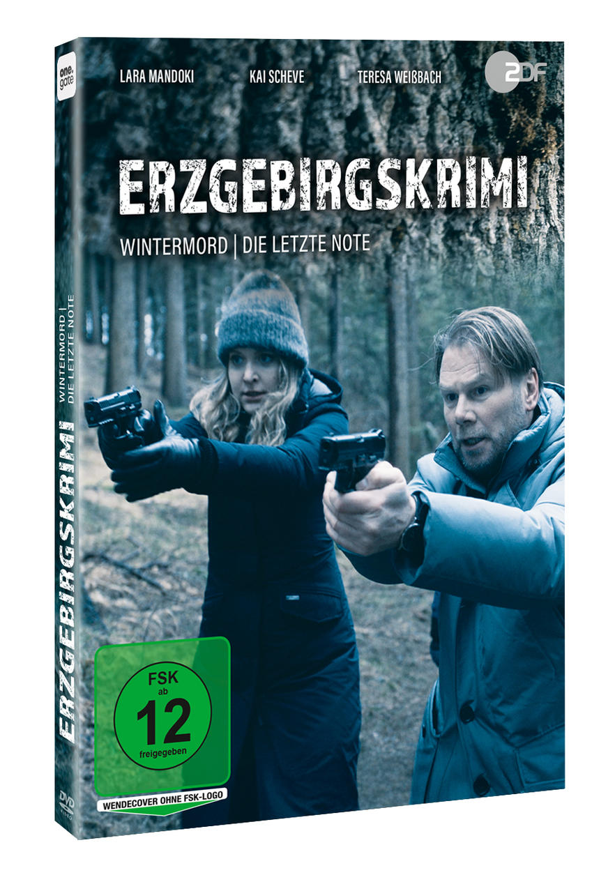 DVD-Cover: Zwei Personen, die im Wald mit Waffen zielen. Titel: Erzgebirgskrimi. Wintermord.