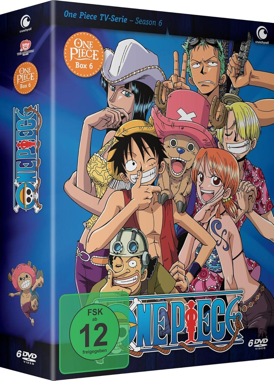 DVD-Box-Art von One Piece-Charakteren. Enthält Luffy, Zoro, Nami, Sanji, Chopper, Robin und Usopp. Blauer Hintergrund.