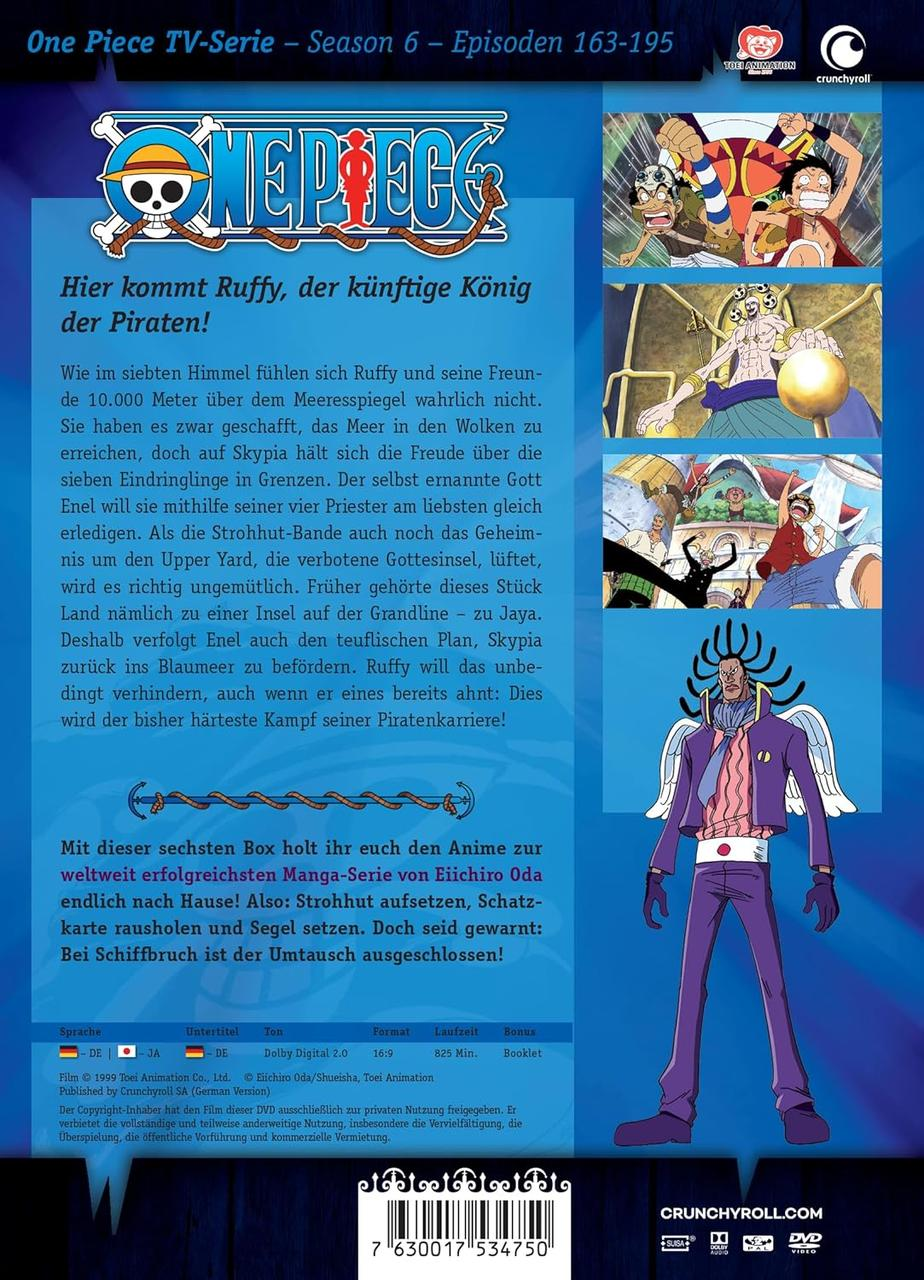 Rückseite der One Piece DVD. Zeigt verschiedene Charaktere und Text in mehreren Sprachen. Blauer Hintergrund.