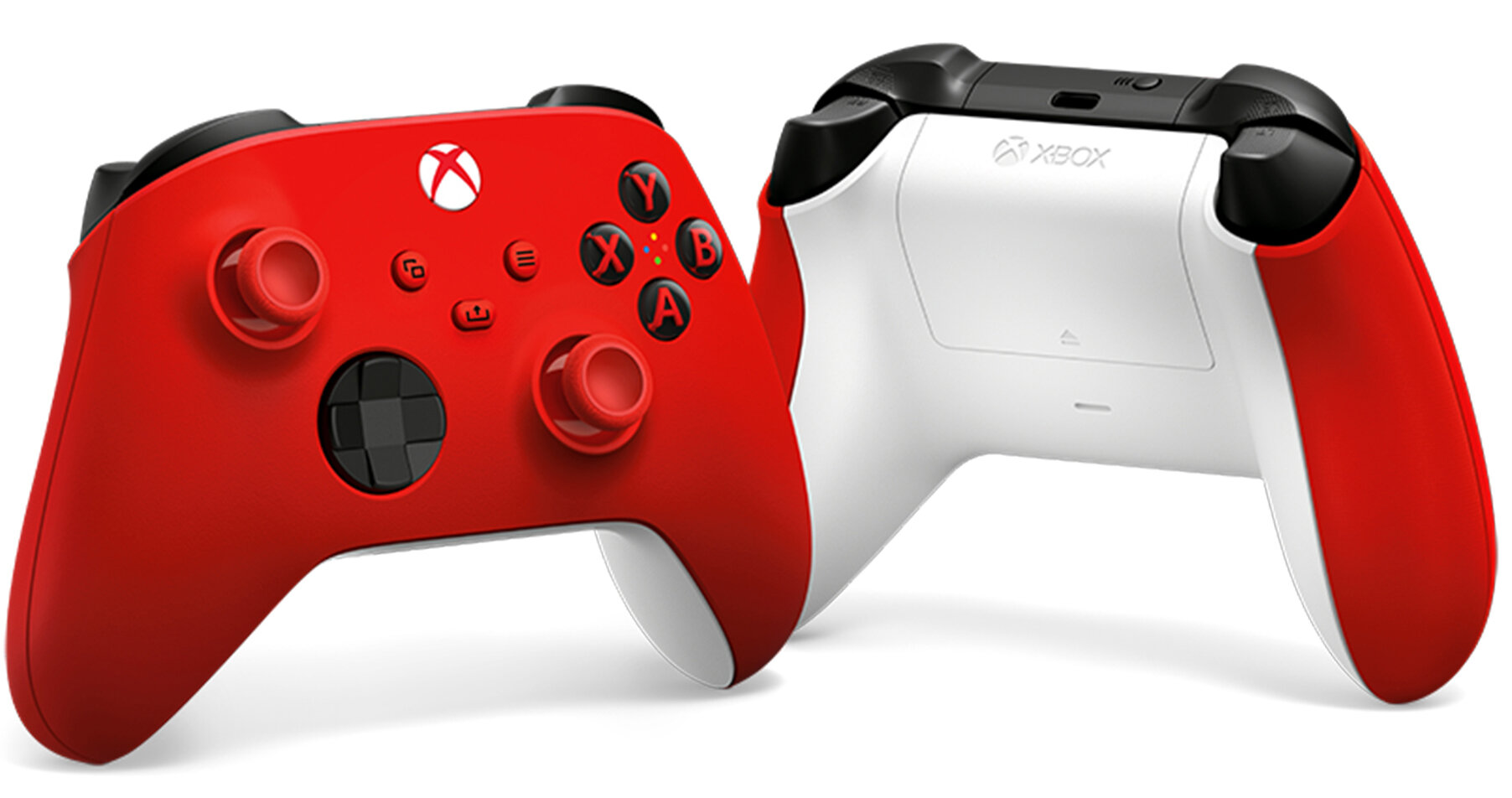 Dwa kontrolery Xbox: jeden czerwony, jeden biały. Czerwony ma czarne przyciski i białe logo Xbox. Biały ma czerwone boki i czarne góry.