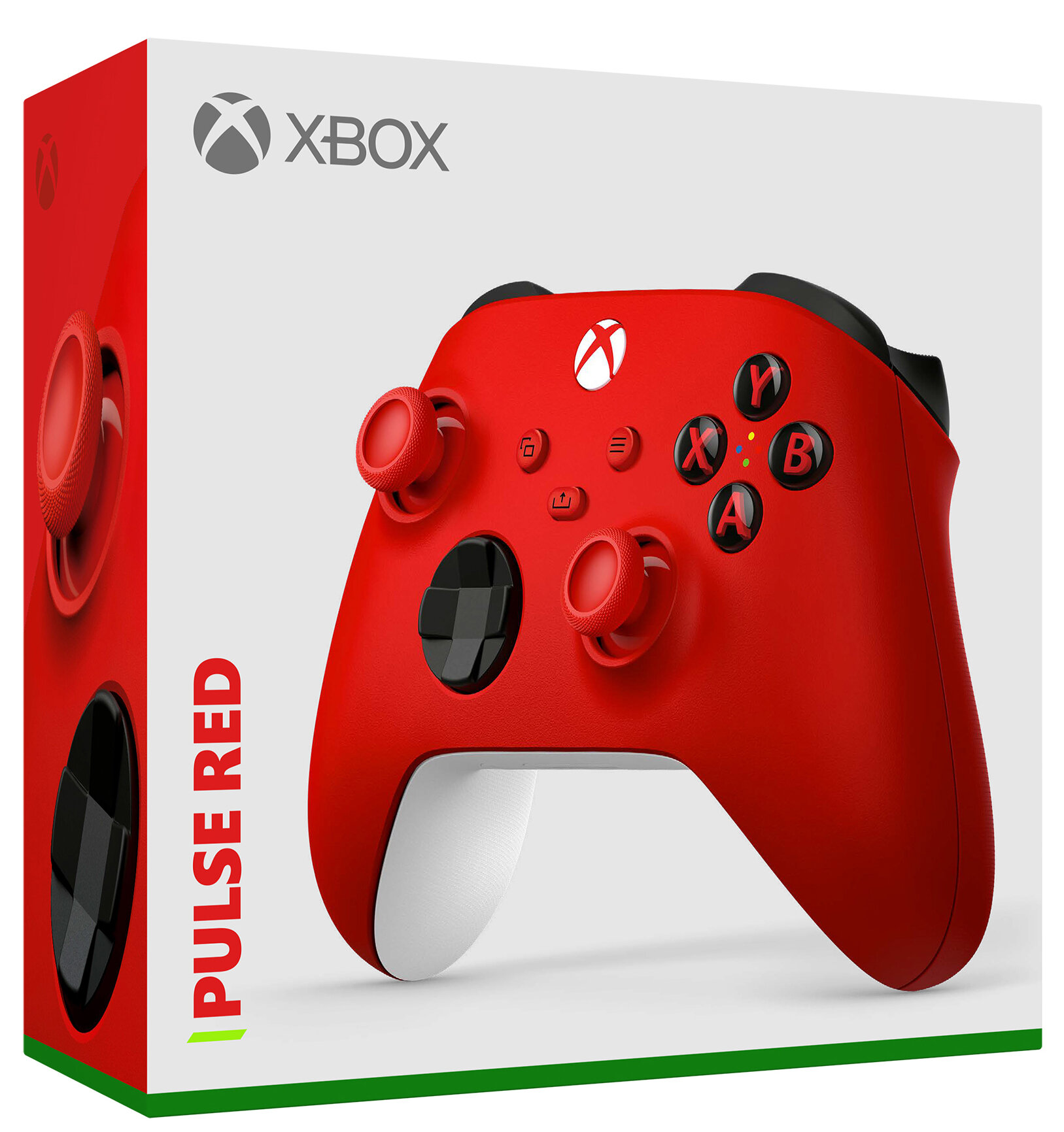 Czerwony kontroler Xbox i jego pudełko. Na pudełku napis "Xbox" i "Pulse Red". Kontroler ma czarne przyciski.
