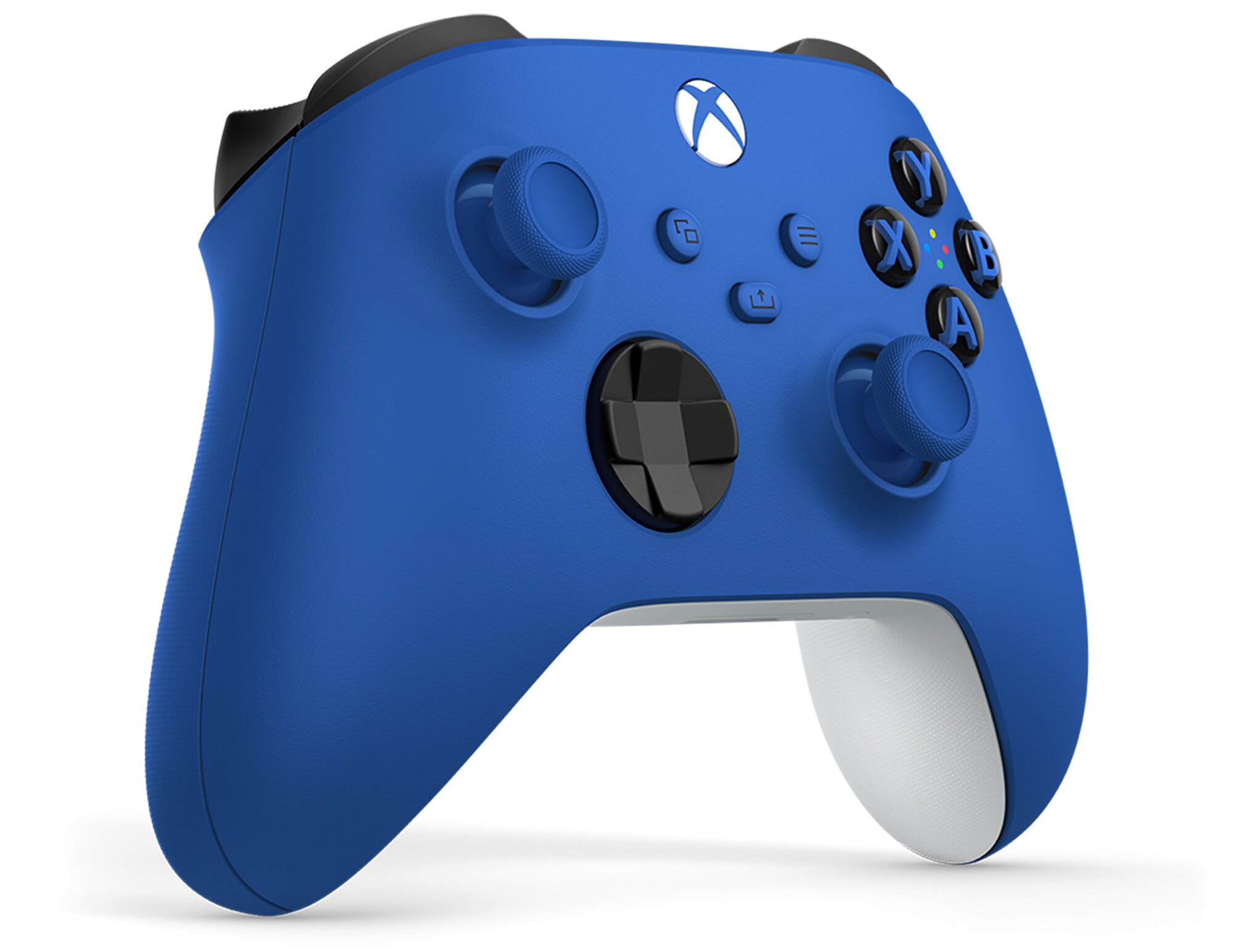 Niebieski kontroler Xbox z czarnymi przyciskami i białymi akcentami na białym tle.