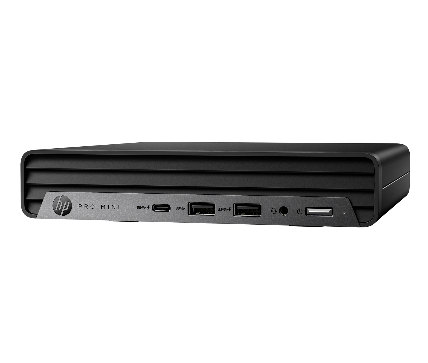 Ordenador HP Pro Mini negro. Tiene un panel frontal gris con el logotipo de HP, puertos USB y audio, y un botón de encendido.