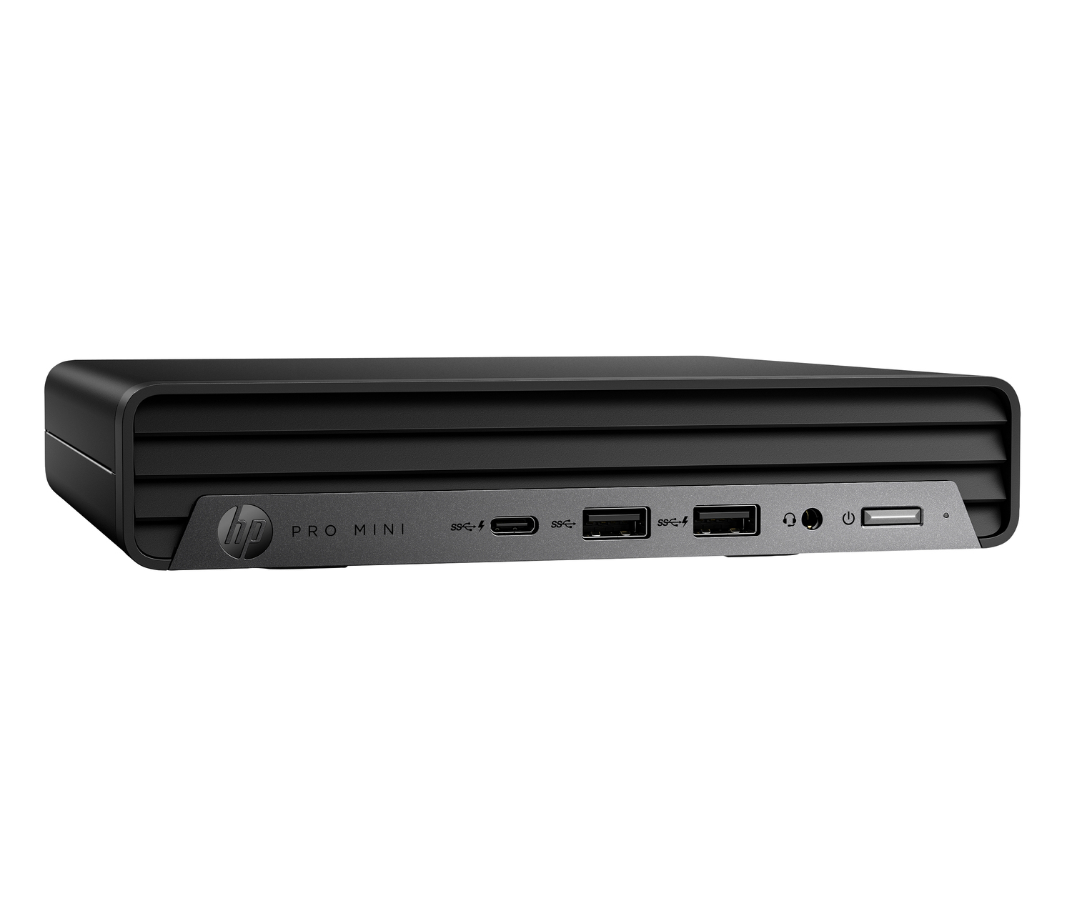 Una computadora HP Pro Mini negra. Tiene varios puertos en la parte delantera. El fondo es blanco.