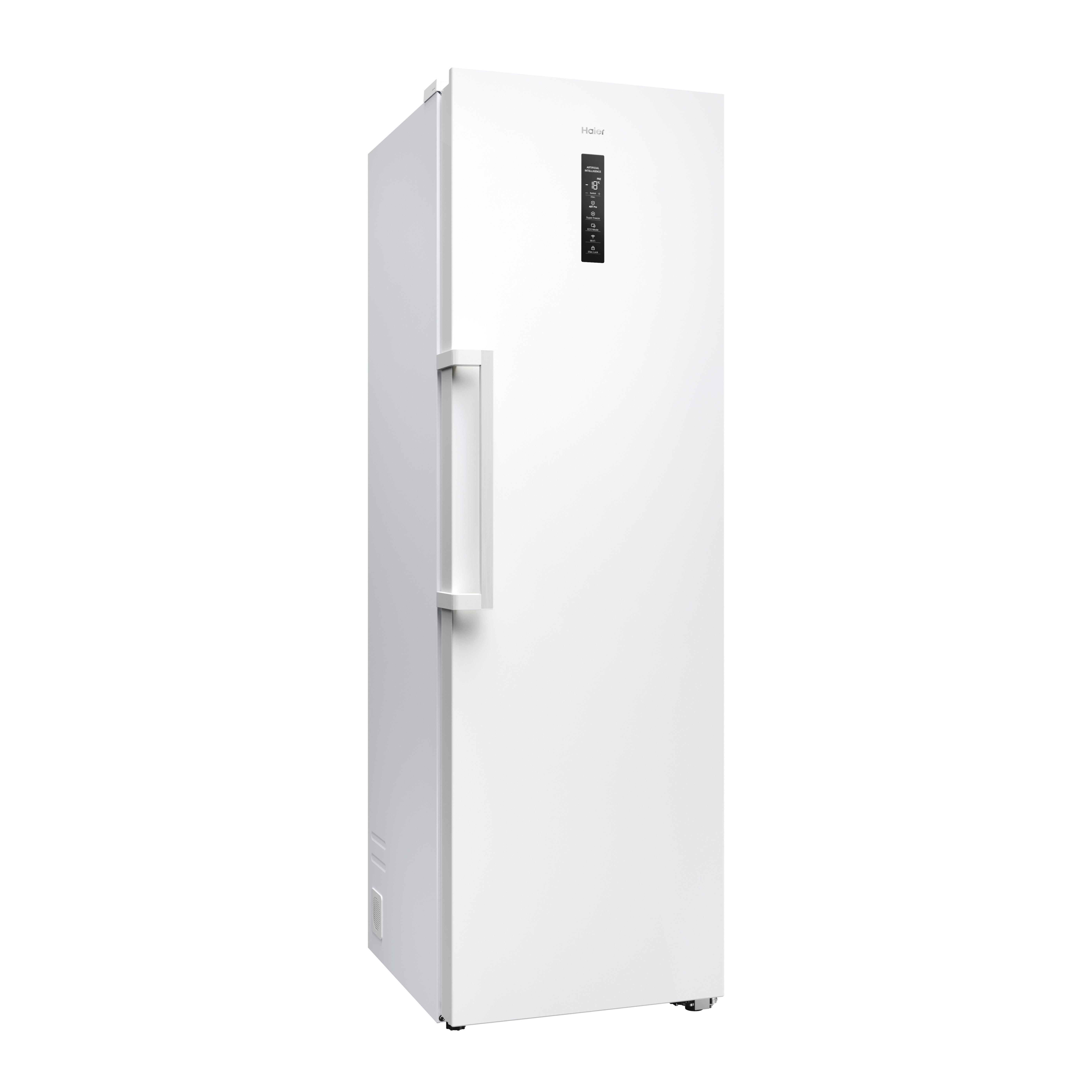 Ein weißer Haier-Gefrierschrank. Er hat einen Griff, ein digitales Display und steht auf einer weißen Oberfläche.
